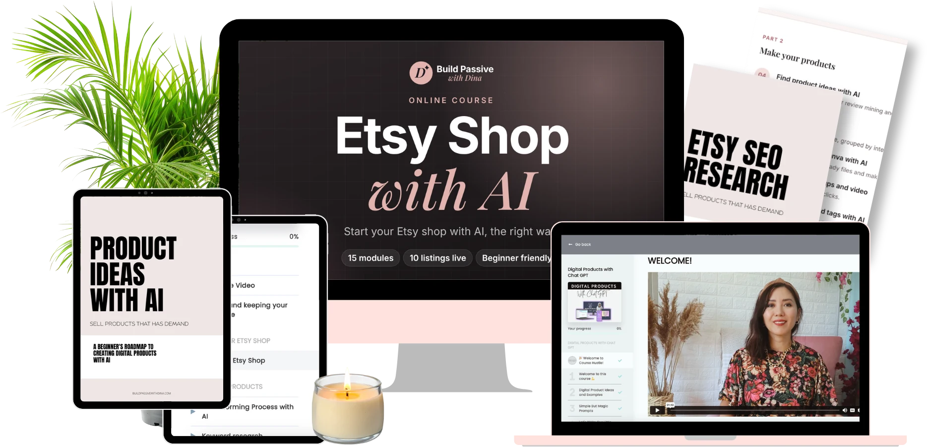Etsy Shop with AI course shown on a desktop, laptop and tablets with workbook pages