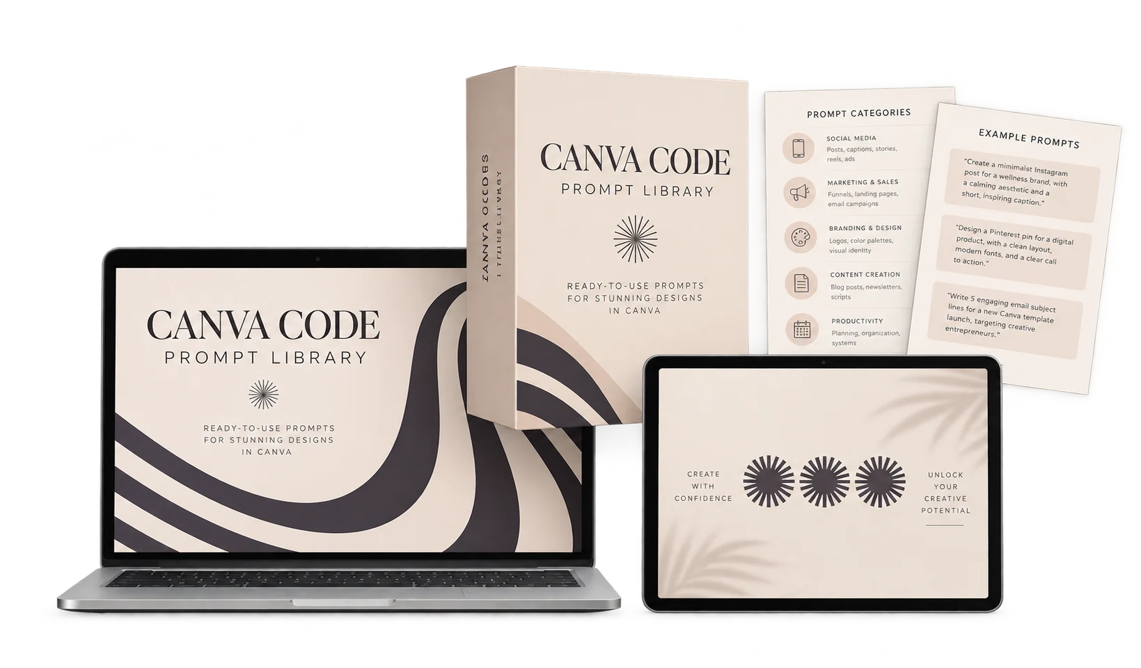 The Canva Code Prompt Library on a laptop, tablet and product box
