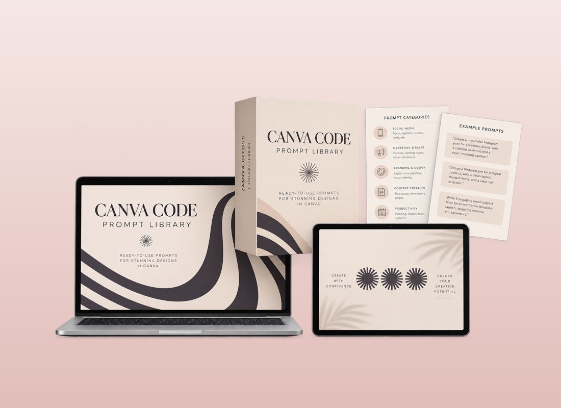 Canva Code Prompt Library shown on a laptop, tablet and product box